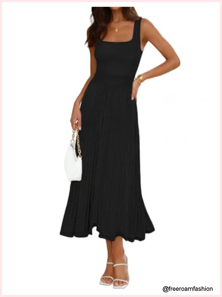 Sleeveless Square Neck Pleated Midi Dress For Work Wedding